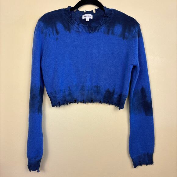 SUPERDOWN Womens Narelle Crop Sweater Size Large Blue Tie Dye Distressed Knit‎ - Picture 4 of 13